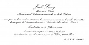 Invito ricevuto da Michel Ginies nel 1992 per presenziare alla consegna della onorificenza a Michelangelo Antonioni