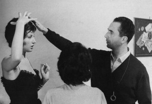 Monica Vitti with director Michelangelo Antonioni on the set of La notte, 1961